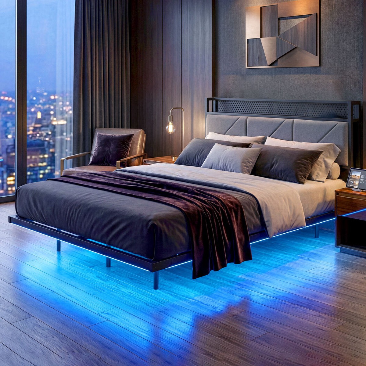Double Bed Frame LED USB Headboard Storage |