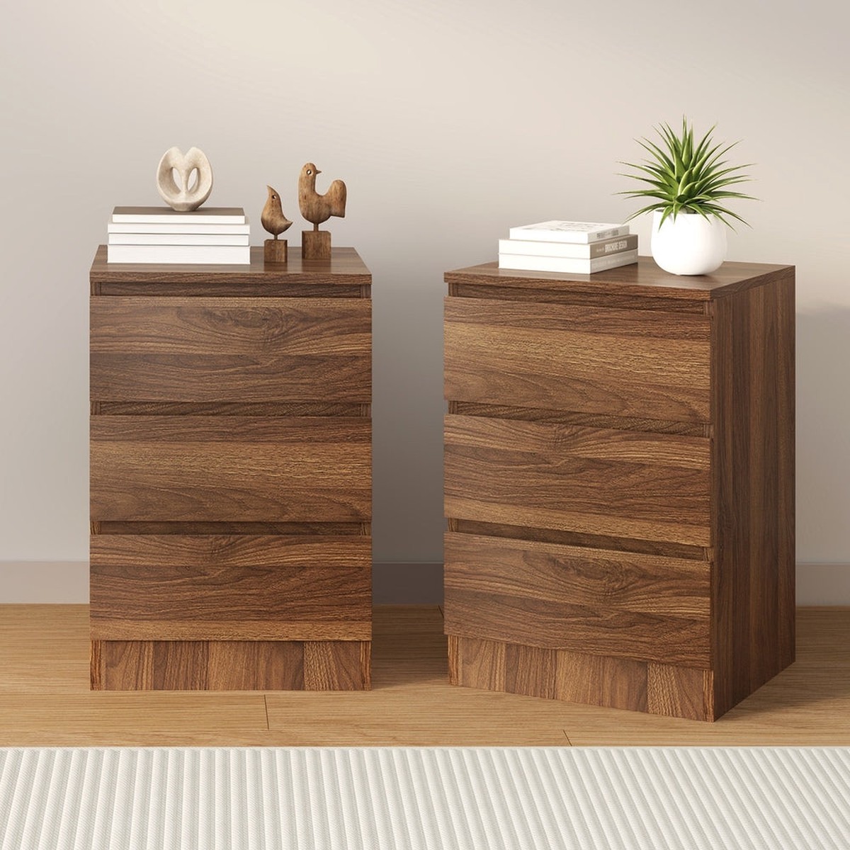 Bedside Table 3 Drawer Side Table Storage Cabinet Walnut 2 Pack