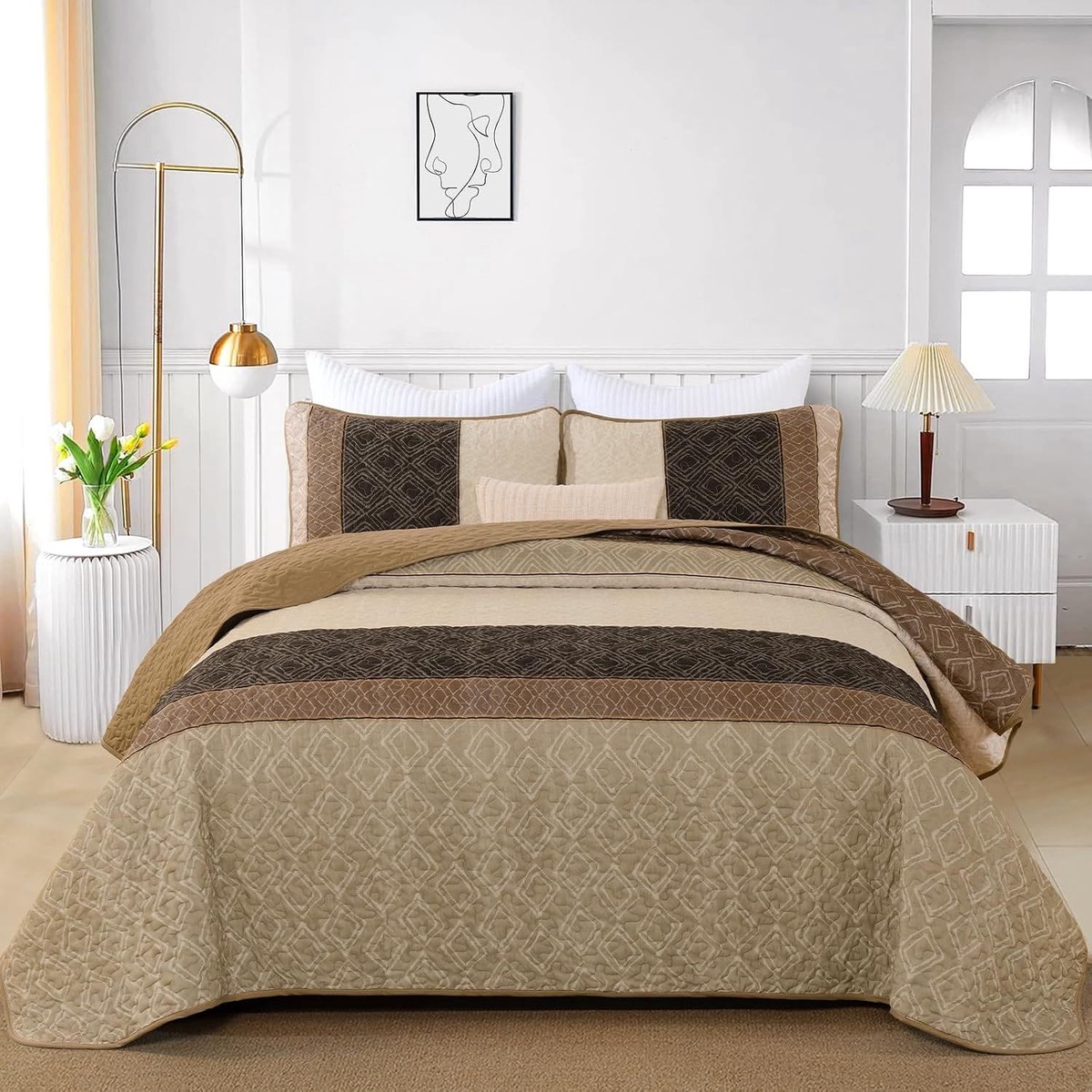 Brown Plaid Bedspread Set 230x250cm
